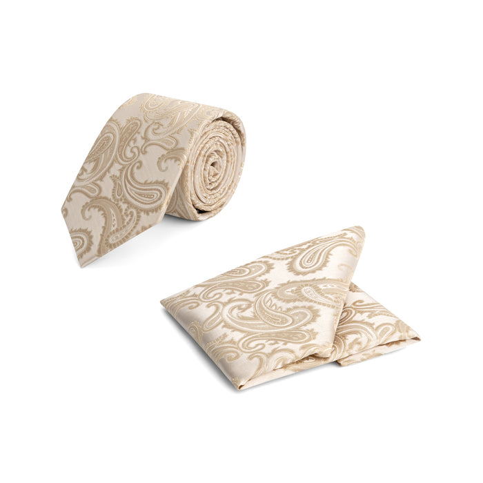 Stropdas + Pochet  - Champagnebeige (Paisley) in elegant design with paisley pattern.