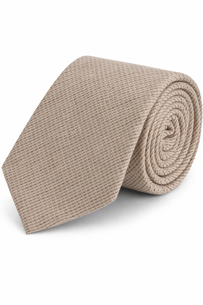 Stropdas + pochet structuur zand, zandkleurige stropdas met subtiel patroon, perfect voor zakelijke outfits.