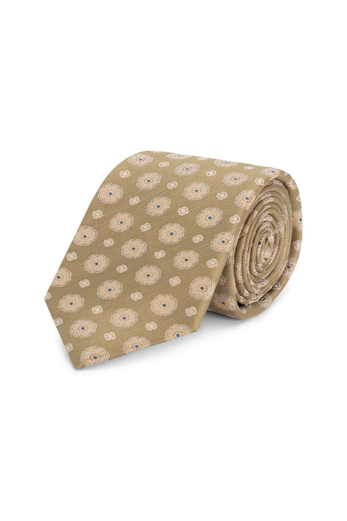 Stropdas zijd bloem bruin-beige, stijlvolle zijde stropdas met bloemprint in bruin-beige en blauwe accenten.