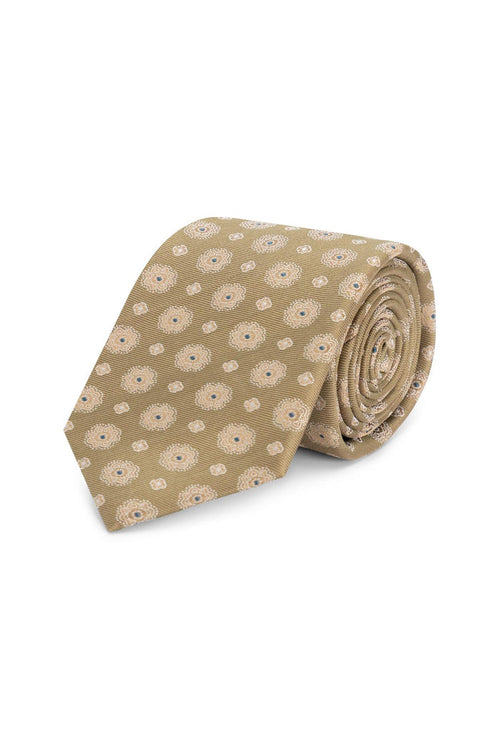 Stropdas zijd bloem bruin-beige, stijlvolle zijde stropdas met bloemprint in bruin-beige en blauwe accenten.