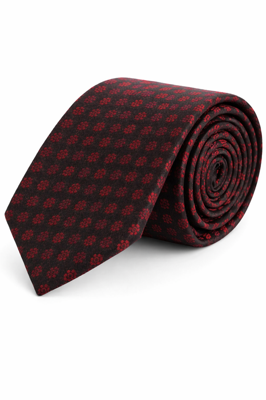 Stropdas zijde bloemetje zwart-rood zijden stropdas met roodzwart bloemmotief voor een elegante uitstraling.