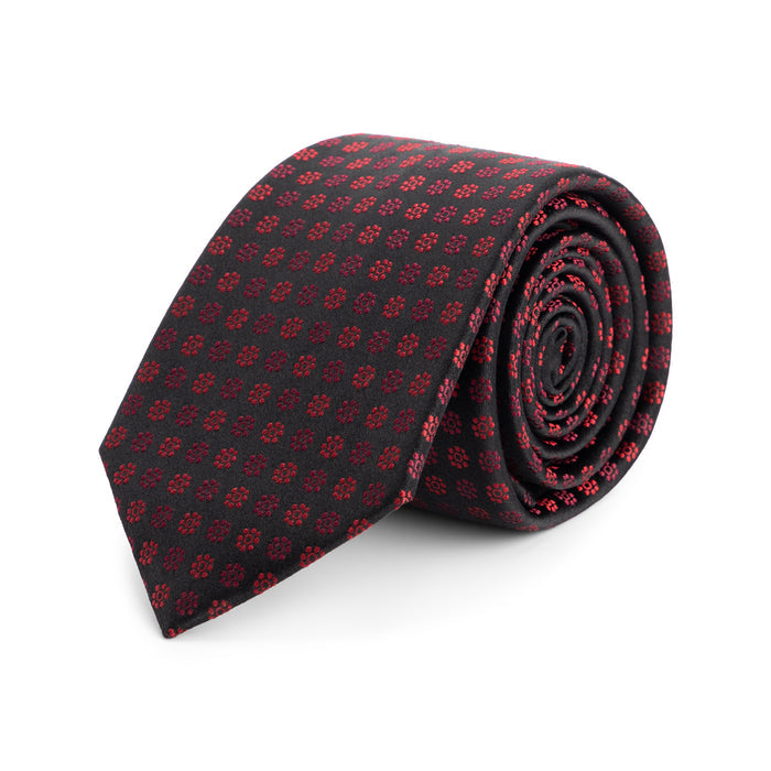 Stropdas zijde bloemetje zwart-rood, elegante zijden stropdas met roodzwart bloemmotief.