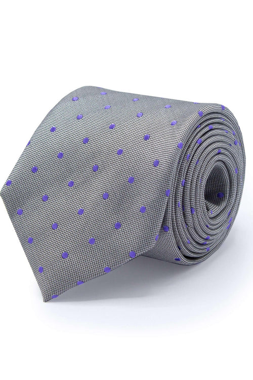 Stropdas zijde grijs met blauwe stippen, elegante stijltie van zijde met subtiele glans.