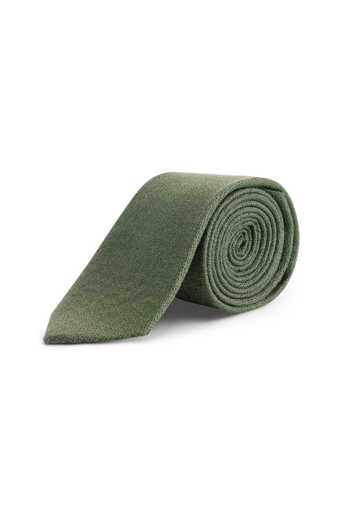 Stropdas zijde mix, groene zijde stropdas met glans en veelzijdige textuur in gerolde staat.