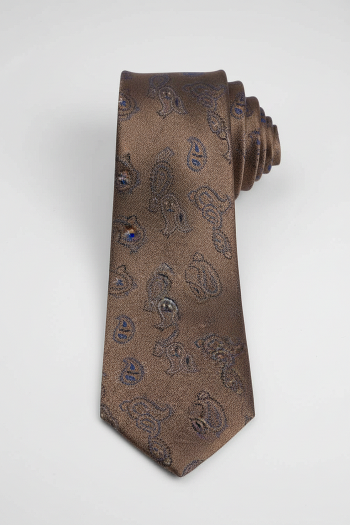 Stropdas zijde paisley bruin, handgemaakt in warme bruin tinten, met randafwerking