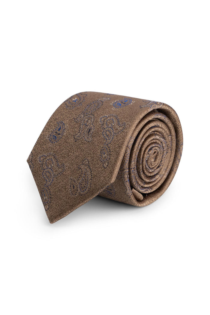 Stropdas zijde paisley bruin, handgemaakt, met warme bruin en blauwe paisley patronen.
