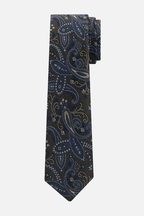 Stropdas zijde paisley grijs met een zwart en blauw paisley patroon.