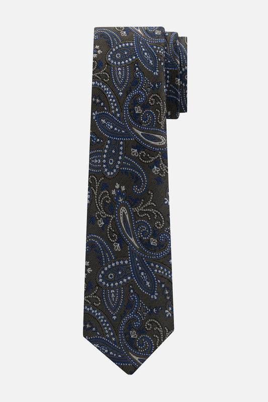 Stropdas zijde paisley grijs met een zwart en blauw paisley patroon.