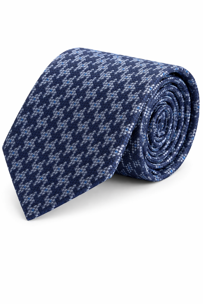 Stropdas zijde pied-de-coq blauw, blauwe zijden stropdas met pied-de-coq patroon.