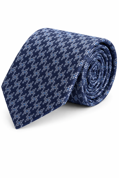 Stropdas zijde pied-de-coq blauw, blauwe zijden stropdas met pied-de-coq patroon.