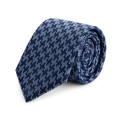 Stropdas zijde pied-de-coq blauw, elegante blauwe zijden stropdas met pied-de-coq patroon voor zakelijke outfits.
