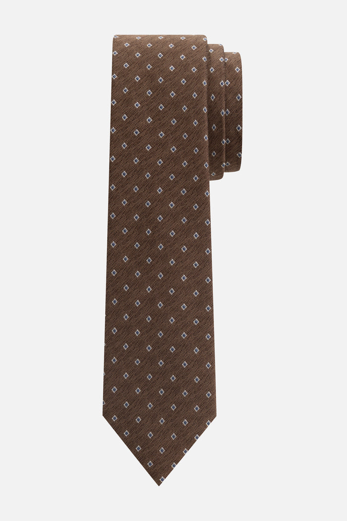 Stropdas zijde print bruin met een patroon van kleine witte vierkantjes, perfect voor formele gelegenheden.
