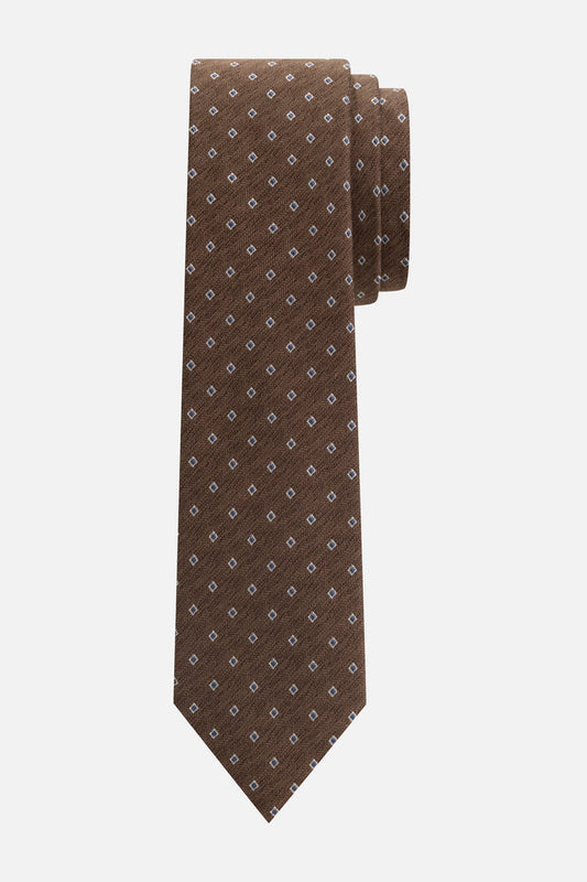 Stropdas zijde print bruin met een patroon van kleine witte vierkantjes, perfect voor formele gelegenheden.