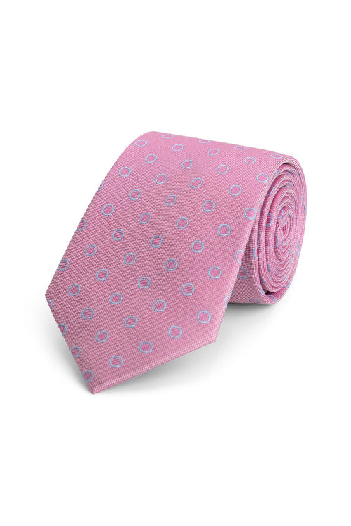 Stropdas zijde print cirkels roze-blauw: roze zijde stropdas met blauwe cirkels, perfect voor elke gelegenheid.