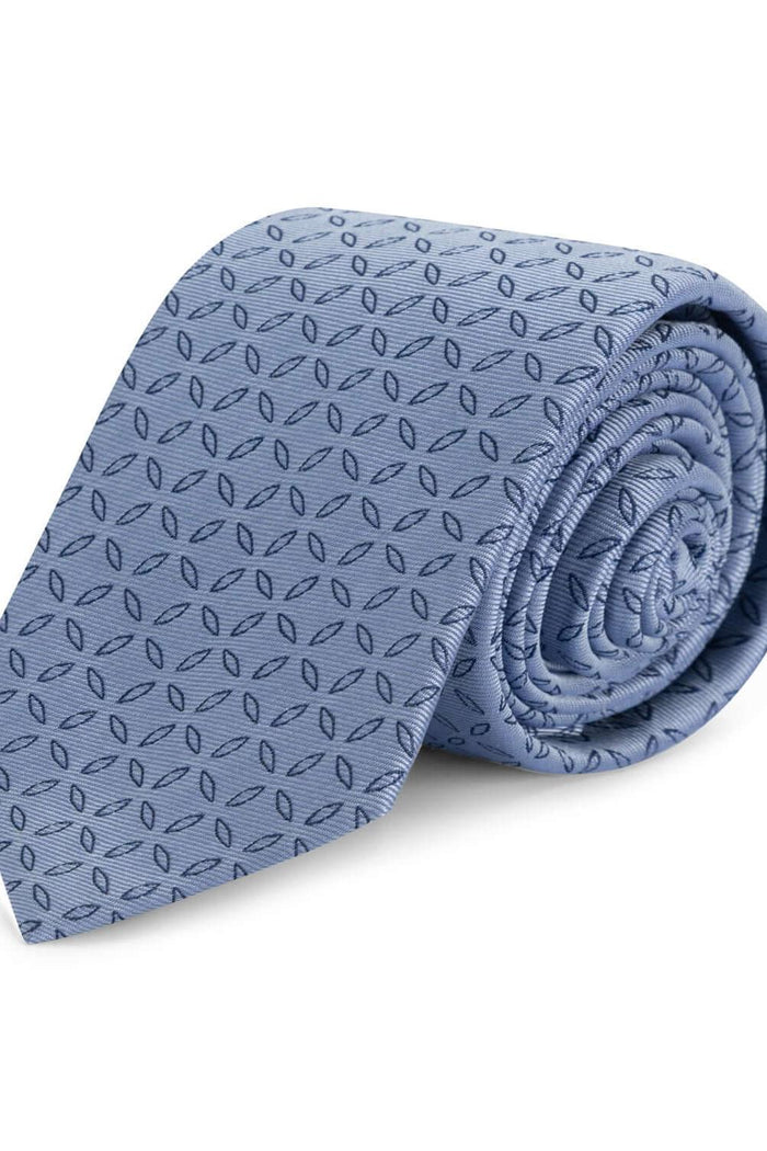 Stropdas zijde print ovaal puntig blauw, donkerblauw met ovale print en puntige tip, perfecte keuze voor elegantie.