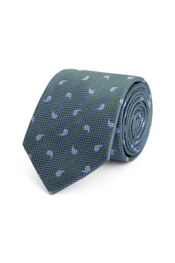 Stropdas zijde print paisley pattern groen-blauw, elegante groene en blauwe zijden stropdas met paisley design.