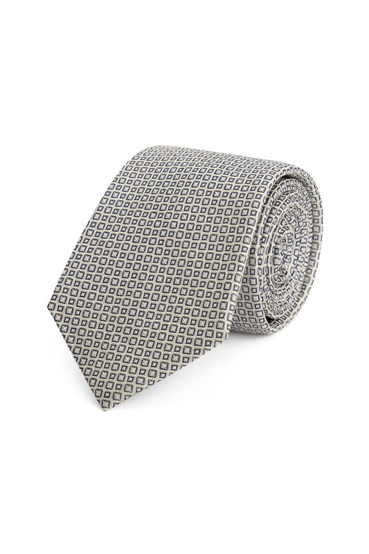 Stropdas zijde print ruit zilver-blauw, stijlvolle zijde stropdas met modern ruitpatroon.