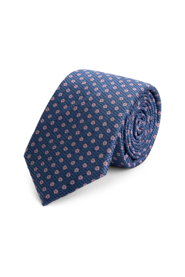 Stropdas zijde print stippel blauw-roze, stijlvolle zijden stropdas met blauw-roze stippen.