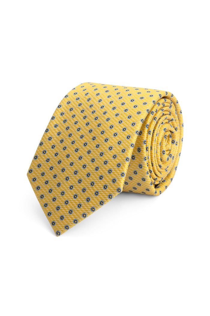 Stropdas zijde print stippel geel-blauw, stijlvolle gele stropdas met blauwe stippen, luxe zijde en uniek ontwerp.