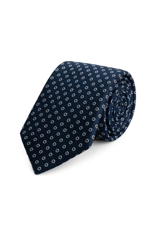 Stropdas zijde print stippel navy-zilver, elegante blauw-zilver stippenprint zijden stropdas, perfect voor formele gelegenheden.