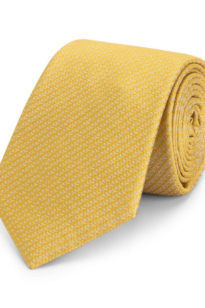 Stropdas zijde ruitjes geel, gele zijde stropdas met fijne ruitprint, perfect voor zakelijke en feestelijke gelegenheden.