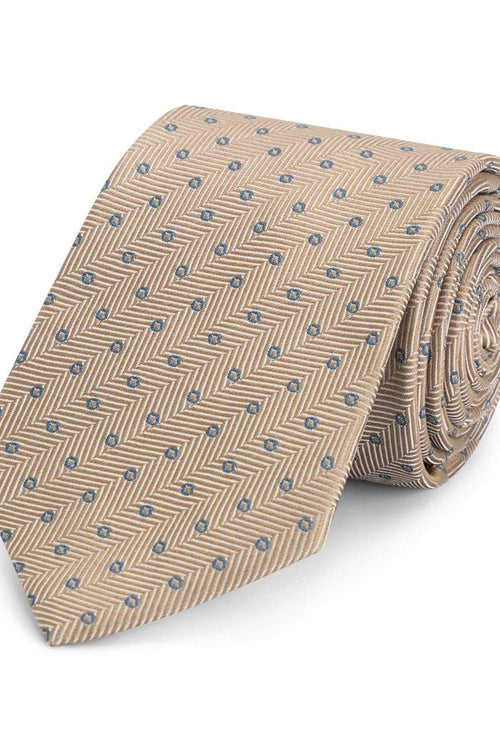 Stropdas zijde stippel beige, elegante beige zijden stropdas met visgraat en stipjes design.