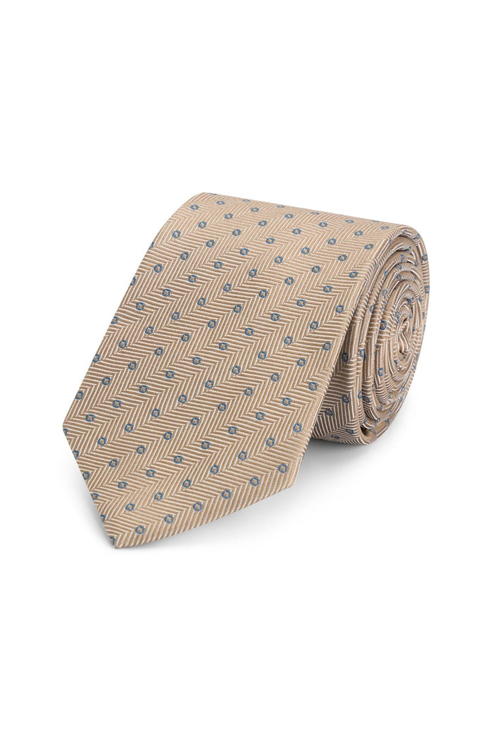 Stropdas zijde stippel beige met visgraat en stipjes, elegante herenaccessoire.