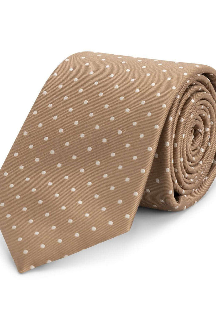 Stropdas zijde stippel bruin, 100% zijde met een bruine stipprint voor een professionele uitstraling.