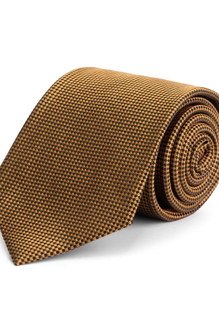 Stropdas zijde in een geometrisch patroon in bruin en zwart, met een luxe uitstraling.