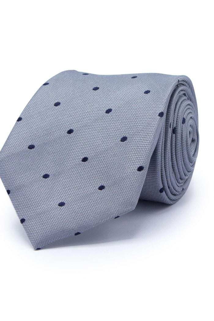 Stropdas zijde met een lichtgrijze basis en donkerblauwe stippen, perfect voor formele gelegenheden.