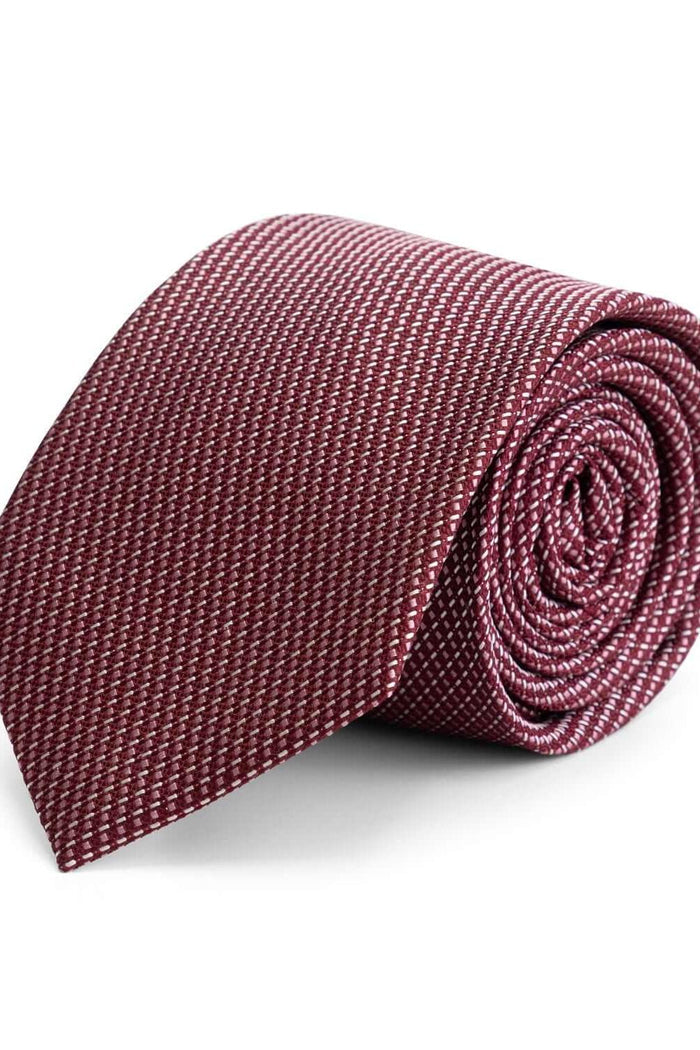 Wijnrode zijde stropdas met fijn geweven microdessin en glans, perfect voor elegante outfits.