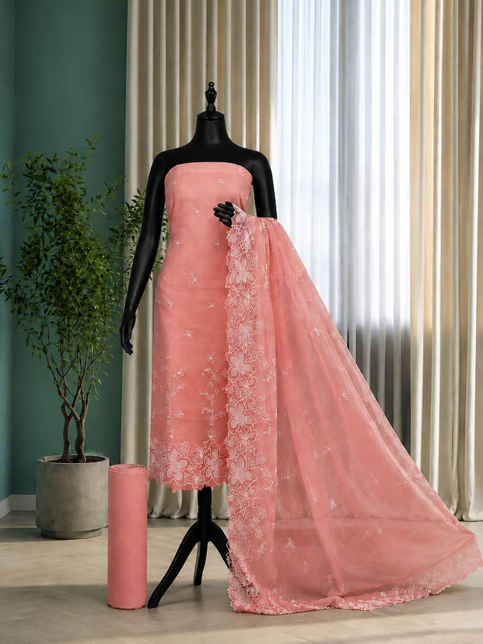 Indiehaat | Peach Kota Doria Suit Set | Embroidery