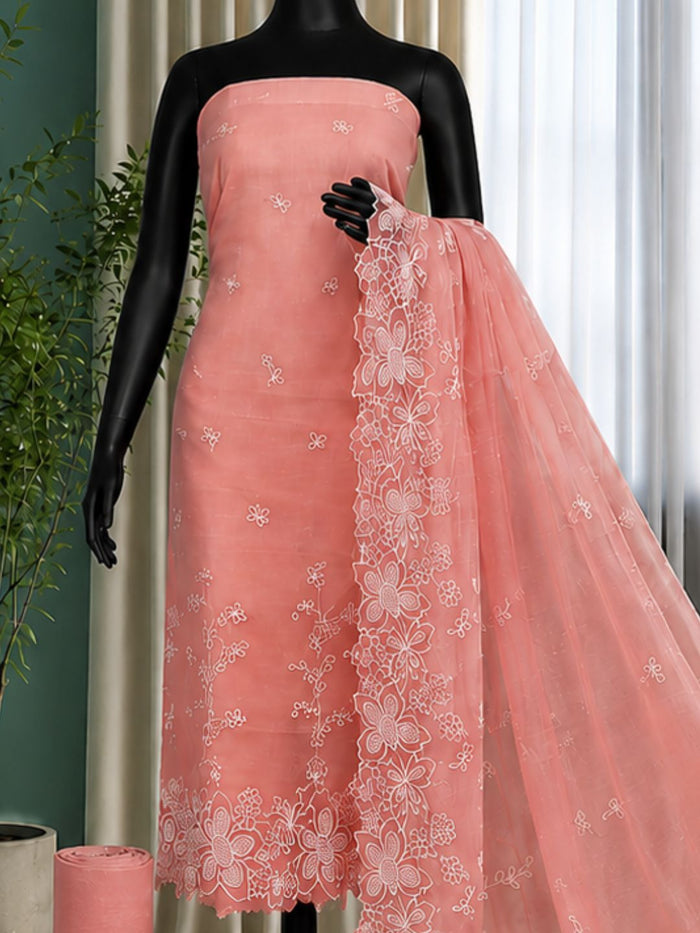 Indiehaat | Peach Kota Doria Suit Set | Embroidery