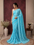 Indiehaat | Blue Georgette Chikankari Saree | Lucknowi