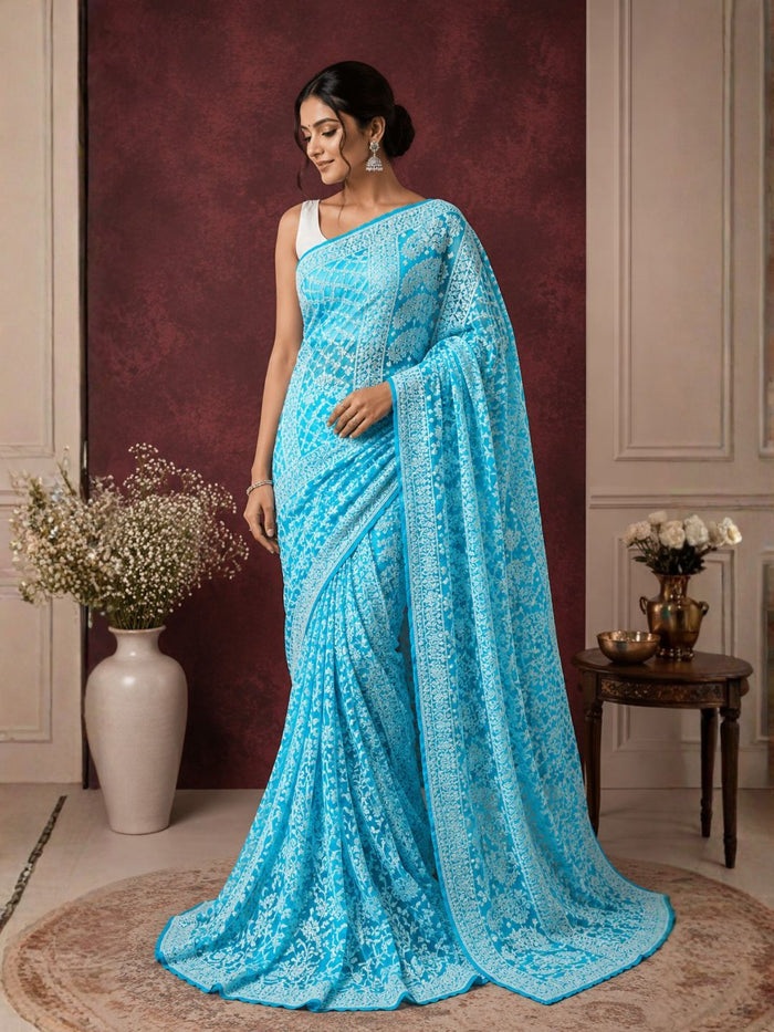 Indiehaat | Blue Georgette Chikankari Saree | Lucknowi