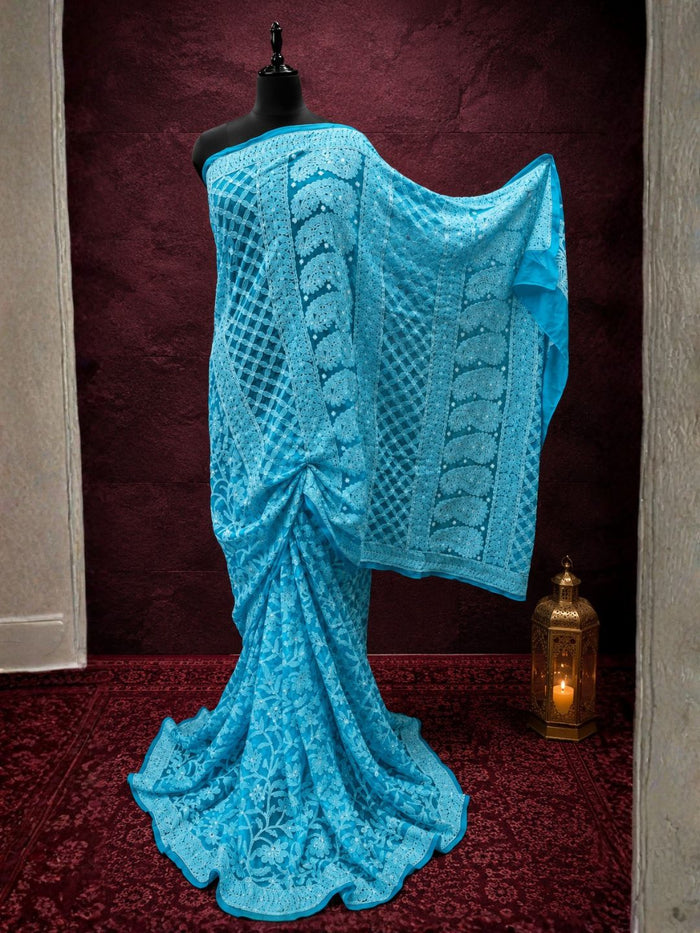 Indiehaat | Blue Georgette Chikankari Saree | Lucknowi
