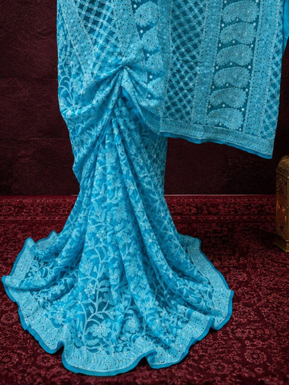 Indiehaat | Blue Georgette Chikankari Saree | Lucknowi