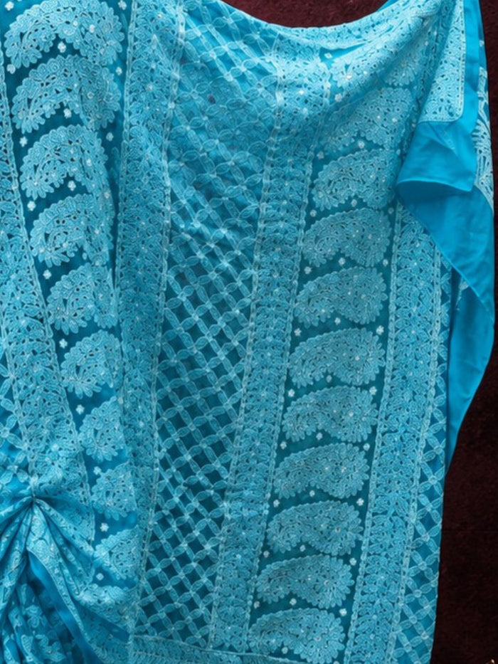Indiehaat | Blue Georgette Chikankari Saree | Lucknowi