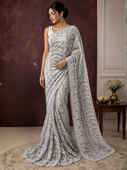 Indiehaat | Gray Georgette Chikankari Saree | Lucknowi