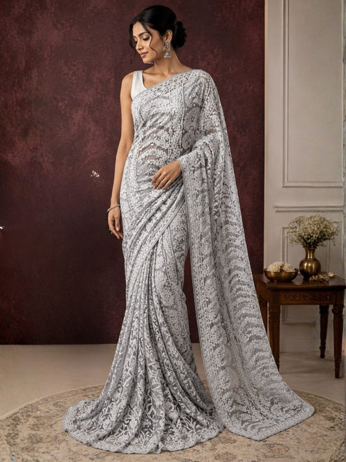 Indiehaat | Gray Georgette Chikankari Saree | Lucknowi