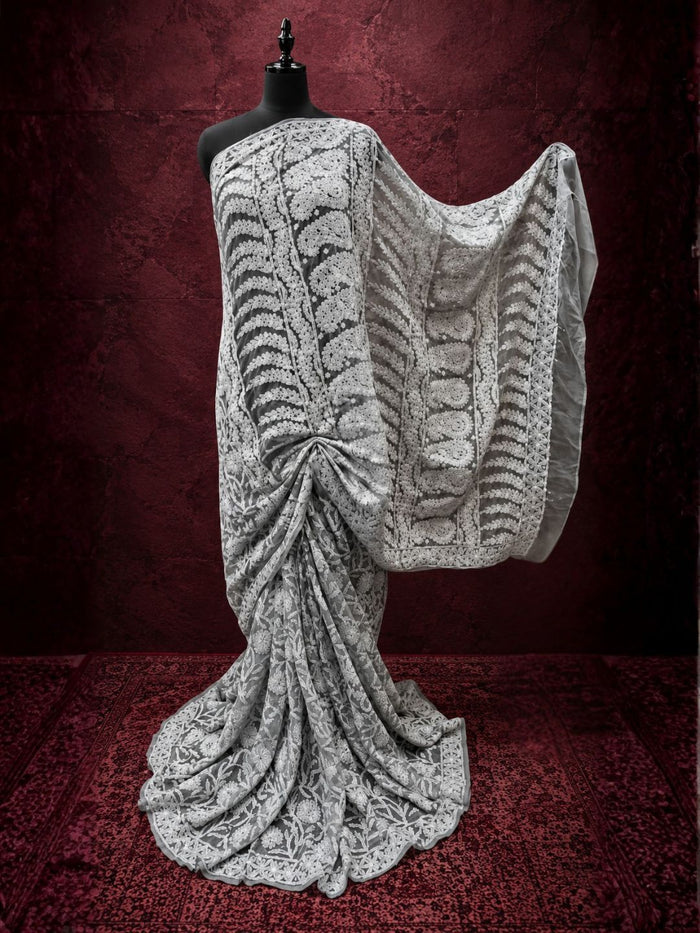 Indiehaat | Gray Georgette Chikankari Saree | Lucknowi
