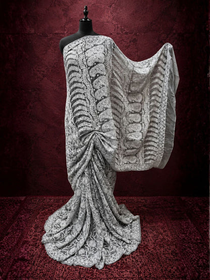 Indiehaat | Gray Georgette Chikankari Saree | Lucknowi