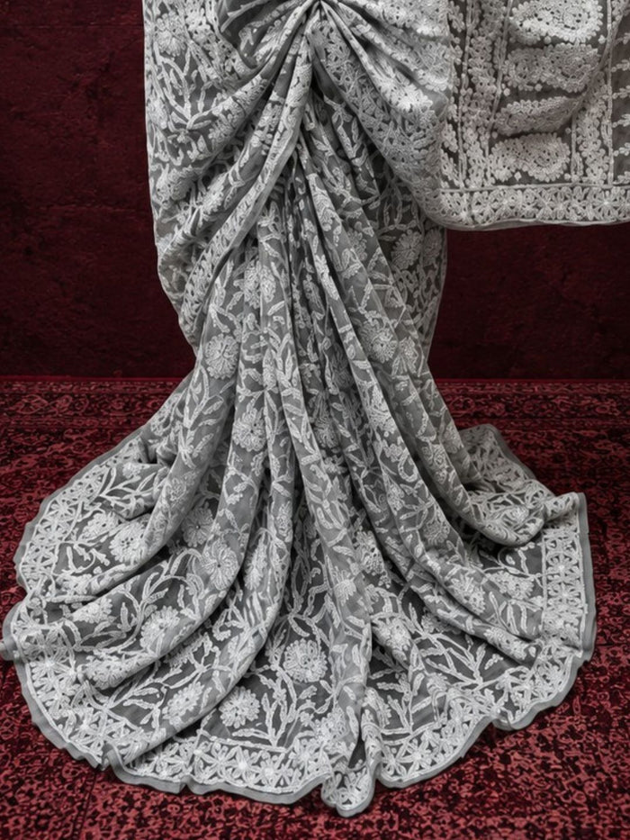 Indiehaat | Gray Georgette Chikankari Saree | Lucknowi