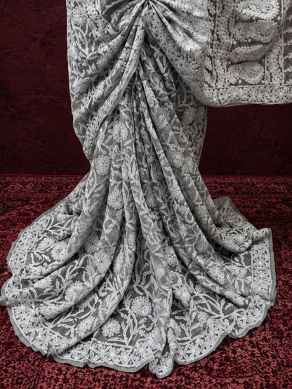 Indiehaat | Gray Georgette Chikankari Saree | Lucknowi