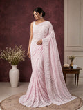 Indiehaat | Pink Georgette Chikankari Saree | Lucknowi