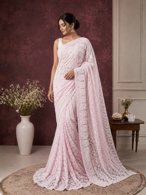 Indiehaat | Pink Georgette Chikankari Saree | Lucknowi