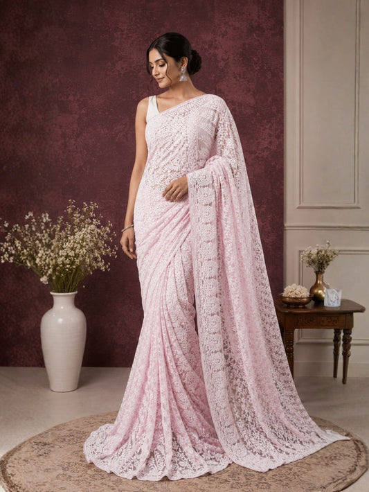 Indiehaat | Pink Georgette Chikankari Saree | Lucknowi