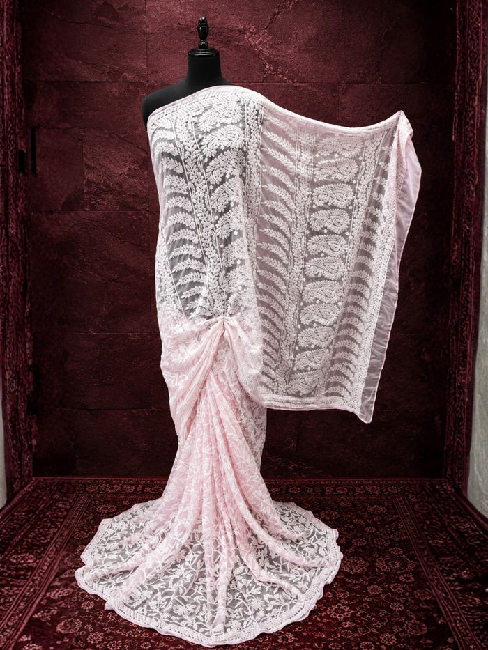 Indiehaat | Pink Georgette Chikankari Saree | Lucknowi