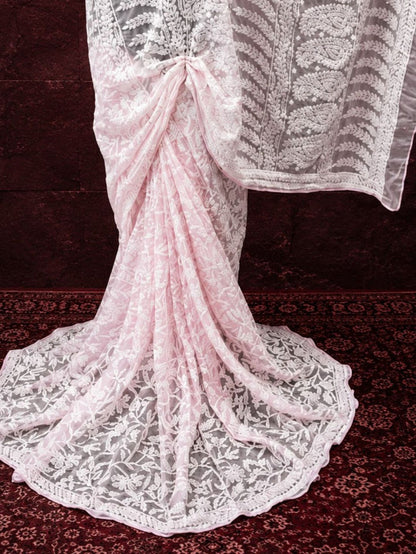Indiehaat | Pink Georgette Chikankari Saree | Lucknowi