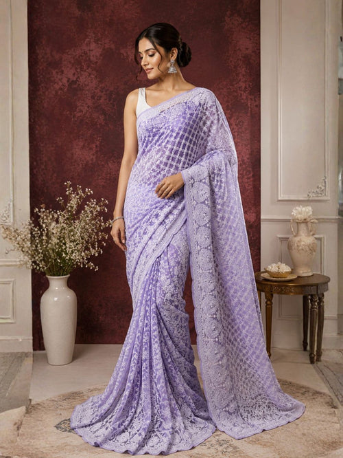 Indiehaat | Purple Georgette Chikankari Saree | Lucknowi